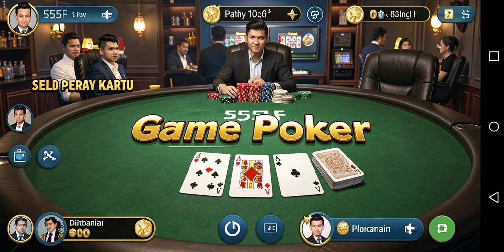 Screenshot utama 555F menunjukkan keseruan gameplay poker.