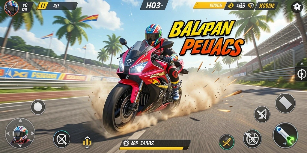Gameplay penuh aksi H03 dengan motor balap yang cepat dan trek menantang.