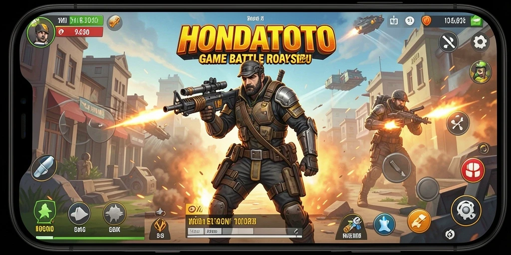 Screenshot gameplay HONDATOTO menampilkan aksi seru dalam pertempuran Battle Royale.