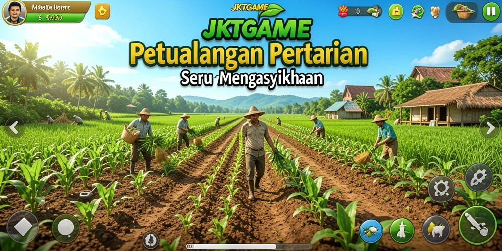 Screenshot gameplay JKTGAME menunjukkan kebun yang rimbun dan aktivitas bertani yang seru.