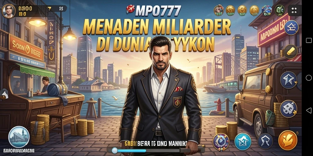 Tampilan gameplay MPO777 menampilkan momen strategis dalam membangun kerajaan bisnis.