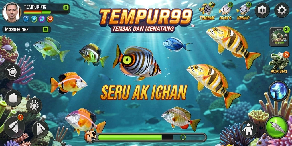 Screenshot TEMPUR99 menampilkan aksi seru menangkap ikan.